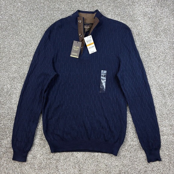 Tasso Elba Sweater Mens Small Blue Knit 1/4 Zip Button Long Sleeve Supima Cotton - Picture 1 of 7